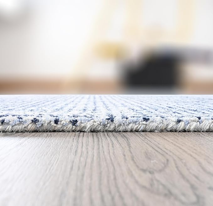 Hand-Tufted 100% Wool Pile Area Rug – Geometric Textured Grid Check Pattern – Thick and Durable Floor Carpet for Bedroom, Living Room, Kids Room, and Dining Area (Navy Blue, 2.6' x 8')