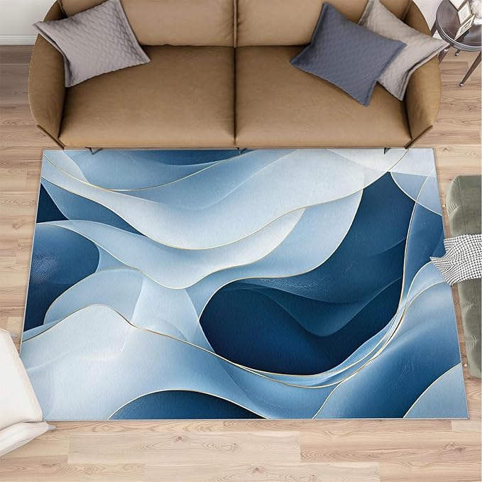 5x7 Abstract Lines Rugs for Bedroom - Blue-White-Waves Print Rug, Modern Abstract Rug Non Slip Soft Rugs for Living Room Hardwood Floors Teen Room