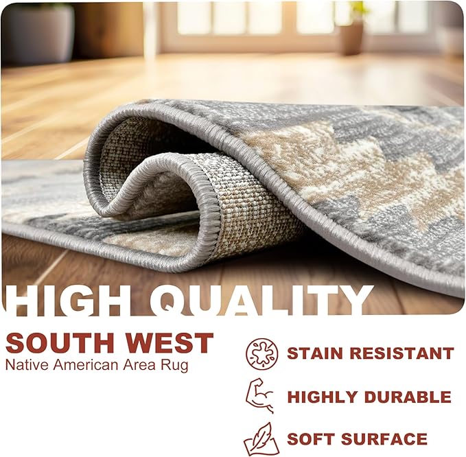 YHSF South West Native American Rug Ritz – Native Tribal American Indian Inspired Rug - Living Room, Bedroom, Hallway, Entryway & High-Traffic Area Rugs - Washable - Soft - Light Grey, 2 Feet x 3 Feet