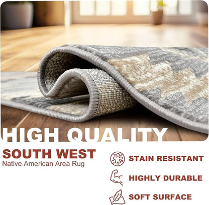 YHSF South West Native American Rug Ritz – Native Tribal American Indian Inspired Rug - Living Room, Bedroom, Hallway, Entryway & High Traffic Area Rugs Washable - Soft - Light Grey, 8 Feet x 10 Feet