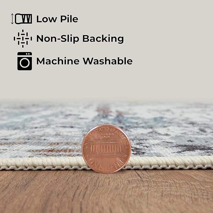 GLN Rugs Contemporary Collection - Machine Washable Area Rug, Contemporary Washable, Non Slip, Low Pile Chenille Rug, Living Room, Bedroom, Kitchen Rug (2'6" x 7' White/Grey/Blue/Brown)