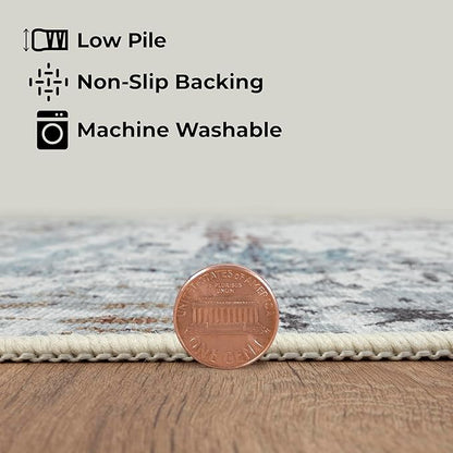 GLN Rugs Contemporary Collection - Machine Washable Area Rug, Contemporary Washable, Non Slip, Low Pile Chenille Rug, Living Room, Bedroom, Kitchen Rug (2'6" x 10' White/Grey/Blue/Brown)