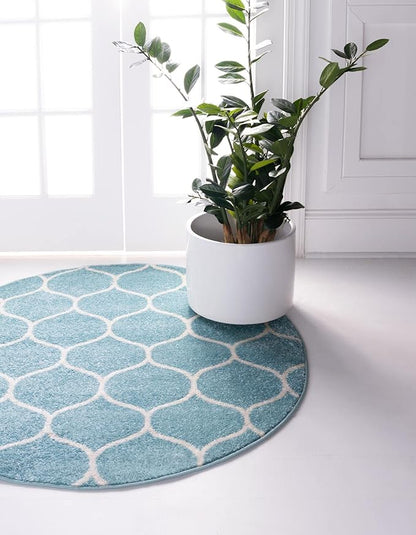 Rugs.com Lattice Frieze Collection Rug – 8' Round Light Blue Medium Rug Perfect for Kitchens, Dining Rooms