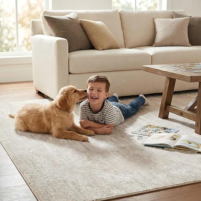 Garvee 8x10 Area Rug for Bedroom Washable Kids Room Rug with Rubber Backing, Stain Resistant Modern Solid Rugs Non Shedding Low Pile Contemporary Carpet for Living Room, Dining Room, Beige