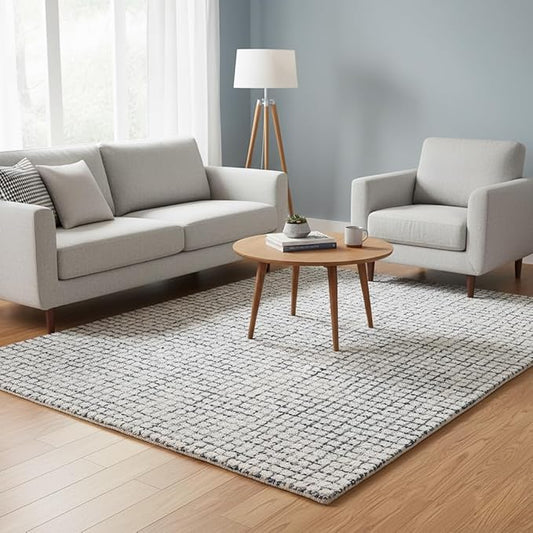 Hand-Tufted 100% Wool Pile Area Rug – Geometric Textured Grid Check Pattern – Thick and Durable Floor Carpet for Bedroom, Living Room, Kids Room, and Dining Area (Ivory, Denim, 8' x 10')