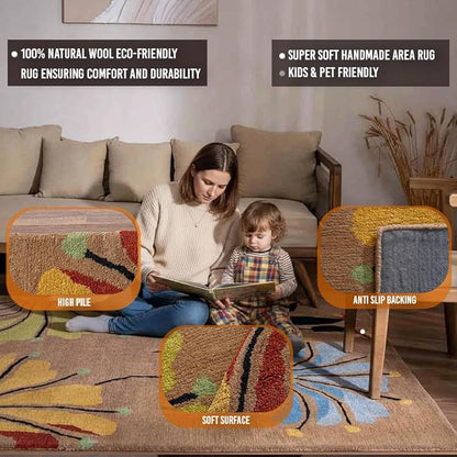 Rugsotic Carpets Hand Tufted Wool ECO-Friendly Area Rugs - 4'x6', Rectangle Shape, Camel, Floral Modern Design, High Pile Thick Handmade Anti Skid Area Rugs for Living Room, Bed Room (K00219)