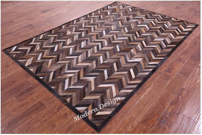 Modern Design Premium Cowhide Leather Carpet with Chevron Pattern, Area Rug (Natural Multi Brown, 6x9)