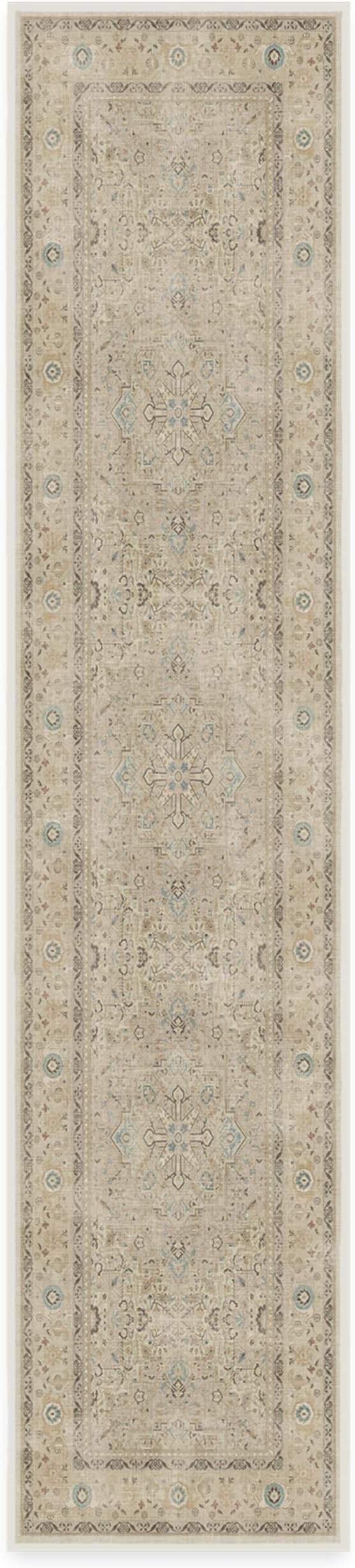 RUGGABLE Washable Vintage Runner Rug – Kamran Ivory Opal 2.5x12, Stain-Resistant, Non-Slip Hallway Runner – Machine Washable Rug for Hallway, Entryway, Living Room & Kitchen–with Standard Pad