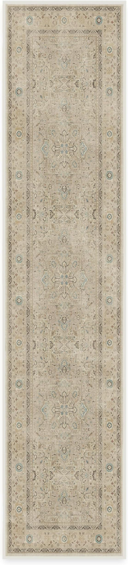 RUGGABLE Washable Vintage Runner Rug – Kamran Ivory Opal 2.5x12, Stain-Resistant, Non-Slip Hallway Runner – Machine Washable Rug for Hallway, Entryway, Living Room & Kitchen–with Standard Pad