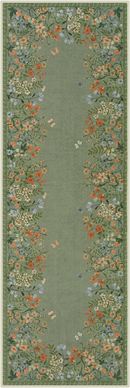 Wonnitar 2x6 Runner Rug for Hallways, Green Floral Bathroom Rugs Non Slip Washable Kitchen Runner, Low Pile Soft Botanical Runner for Girls Bedroom Laundry Room Bedside (Green,2'x6')