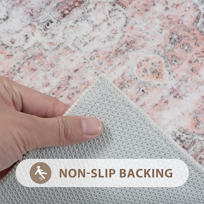 Uphome Boho Bathroom Rugs, Distressed Farmhouse Blush Pink Bath Mat, Comfy Velvet Small Bath Rugs Non Slip Washable, Vintage Oriental Toilet Rug for Sink Shower Vanity, 20x32 inch