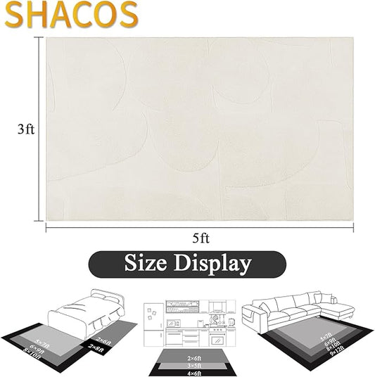 SHACOS Soft Cozy Fluffy Abstract Geometric High Low Pile Area Rugs 3'x5' Non Slip Washable Scandinavian Minimalist Rug Modern Carpet for Living Room Bedroom Bathroom, Cream