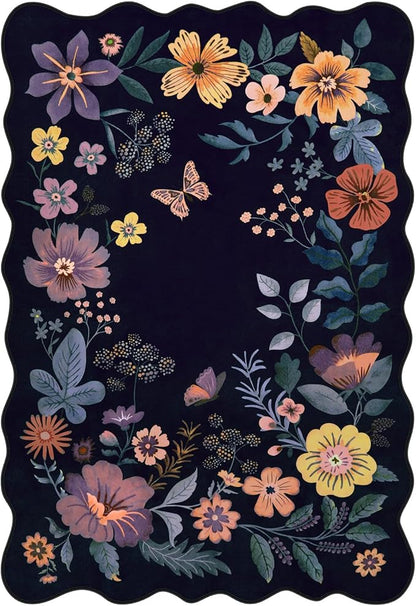 Lahome Floral Washable Rugs for Living Room, 5x7 Area Rugs Ultra-Thin Soft Rug, Non-Slip Bedroom Rug Stain Resistant Lightweight Boho Low-Pile Throw Carpet for ‎Dining Room Office (5x7ft,Purple)