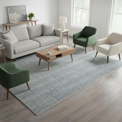 Modern Herringbone Chevron Collection Handcrafted Wool Area Rug - Durable, Zigzag Pattern, for High Traffic, Contemporary Design for Living Room, Bedroom, Dining Room Decor (Denim Blue, 9' round)