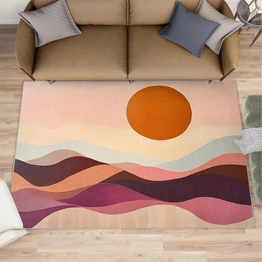 Boho Sun Area Rugs 3x4ft, Minimalist Line Kids Bedroom Rug, Geometric Solar Bedside Rug Durable Non Slip for Cafe Living Room Under Table Boys Room Decor