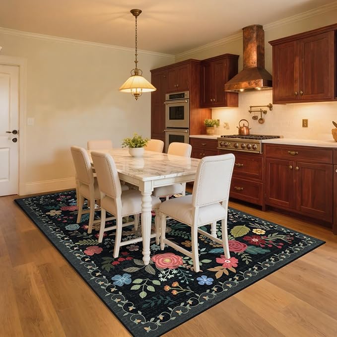 6x9 Area Rug, Floral Rugs for Living Room, Stain-Resistant Washable Bedroom Rug, Non-Slip Area Rugs for Dining Room Under Table, Indoor Carpet for Home Office (6 x 9 Black)