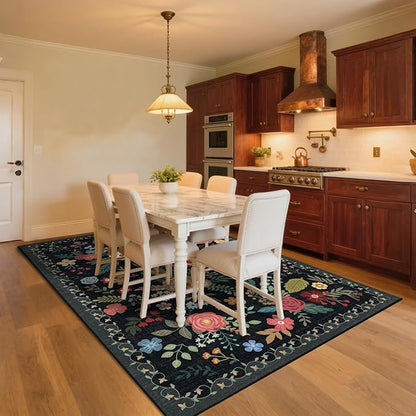 9x12 Area Rug, Floral Rugs for Living Room, Stain-Resistant Washable Bedroom Rug, Non-Slip Area Rugs for Dining Room Under Table, Indoor Carpet for Home Office (9 x 12 Black)
