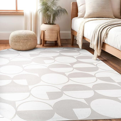 Beverly Rug Modern Geometric Area Rug 5x7 Low-High Pile Durable Soft Abstract Circular Indoor Rugs for Living Dining Room Office Stain Resistant Non Shedding Casual Indoor Carpet Beige White 5 x 7
