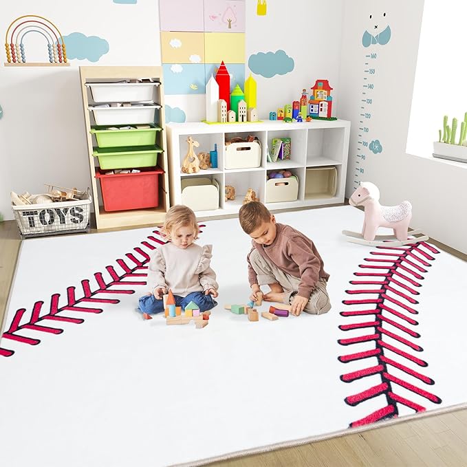 Baseball Soft Area Rug, Cute Bedside Shag Rug for Kids Toddlers Teens, Baseballs Lovers Room Decor Indoor Carpet for Kids Room Bedroom Living Room, Nursery, Machine Washable 8x10 FT