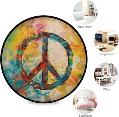 Boho-Style Peace Sign Round Rug Soft, Washable, Non-Slip for Home Decor. Ideal for Bedroom, Entryway, Living Room. Indoor/Outdoor Use.