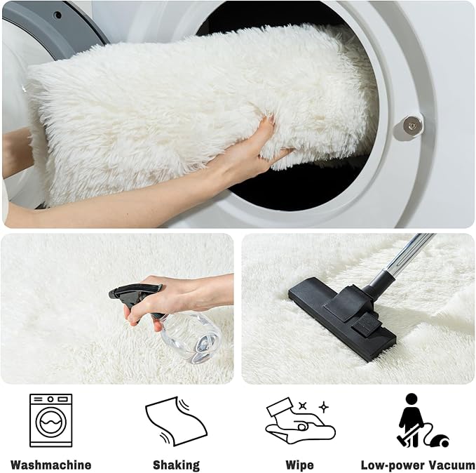 Soft Fluffy Rugs for Bedroom, Cream White Fuzzy Shaggy Oval Bedside Area Rug Set of 2, Non-Slip Cozy Plush Shag Carpet for Kids Room Nursery Dorm Living Room, 2.6 x 5.3 Feet