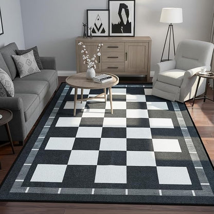 Vasofe Checkered Jute 5x7 Area Rugs, Washable Outdoor Patio Rug for Living Room Indoor Carpet, Non-Slip Farmhouse Geometric Non Slip Carpet for Backyard Dining Room Bedroom, Black and White