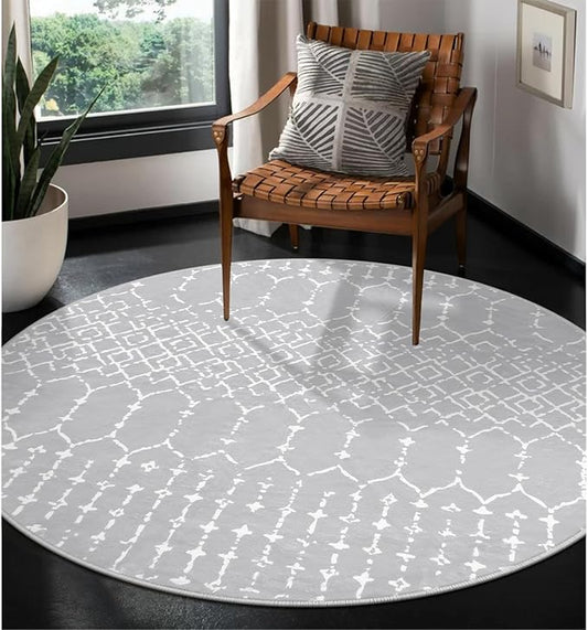 Lahome Moroccan Round Washable Rug 3Ft Small Circle Soft Non-Slip Grey Bathroom Rug, Stain Resistant Low Pile Entryway, Modern Geometric Print Indoor for Kitchen Sofa Doorway