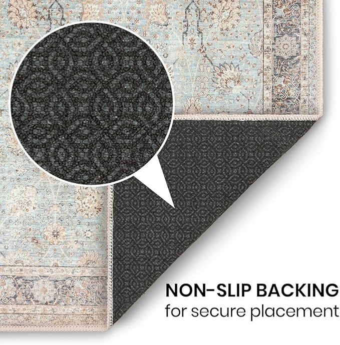 GLN Rugs Traditional Collection - Machine Washable Area Rug, Traditional Washable, Non Slip, Low Pile Chenille Rug, Living Room, Bedroom, Kitchen Rug (5' x 7' Light Blue)