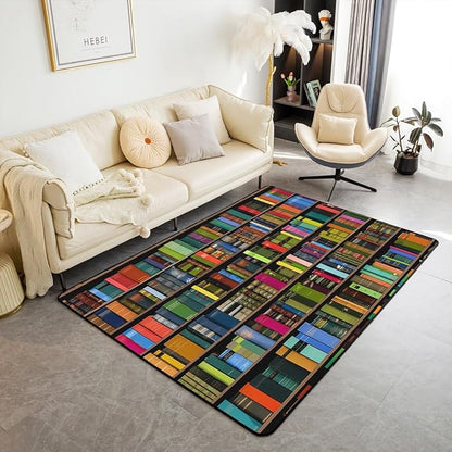 Books Large Area Rug 5x7 Rainbow Bookshelf Living Room Rug | Watercolor Book Shelf Rugs for Bedroom, Bookcase Bookrack Carpet Indoor Floor Mat
