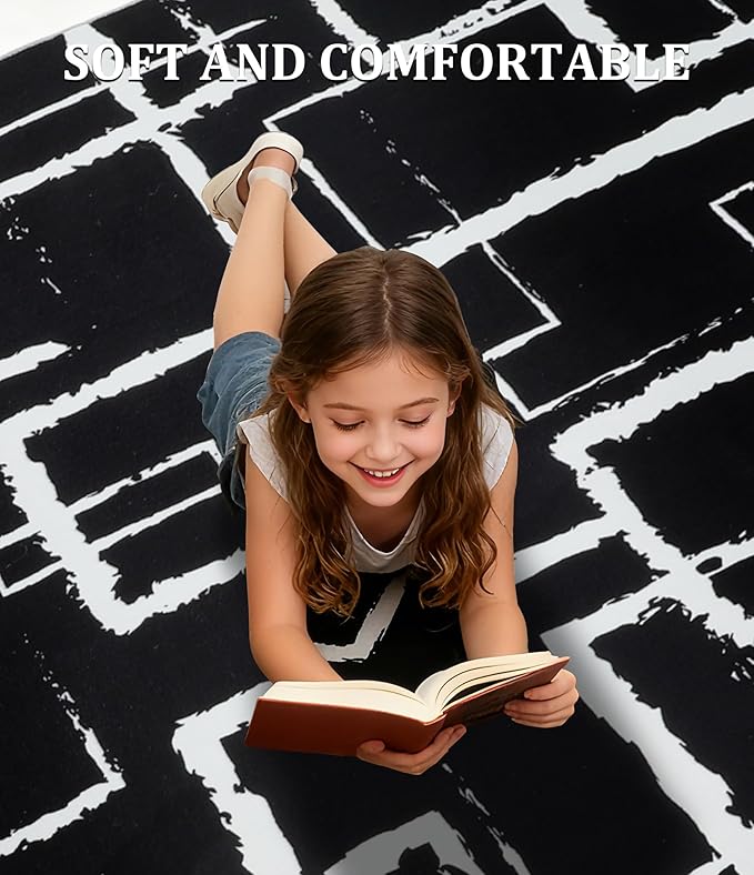 YIHOUSE Black Modern Geometric Area Rug 6x9, Black and White Rug with Abstract Rectangular Patterns,Non-Shedding Washable Rugs for Bedroom, Home Office and Living Room