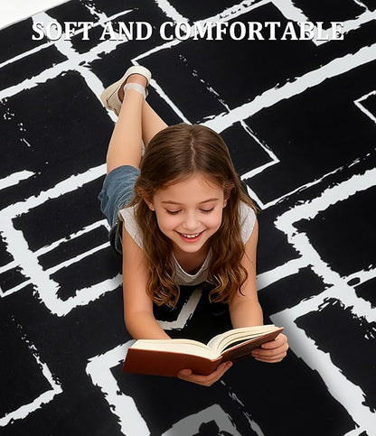 YIHOUSE Black Modern Geometric Area Rug 6x9, Black and White Rug with Abstract Rectangular Patterns,Non-Shedding Washable Rugs for Bedroom, Home Office and Living Room