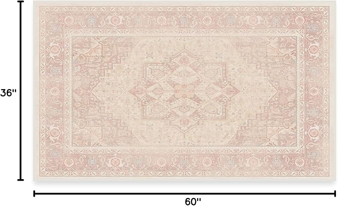 RUGGABLE Washable Area Rug – Kamran Soft Pink 3x5, Stain-Resistant, Non-Slip – Small Machine Washable Rugs for Living Room, Bedroom, Hallway, Entryway & Office–with Standard Pad