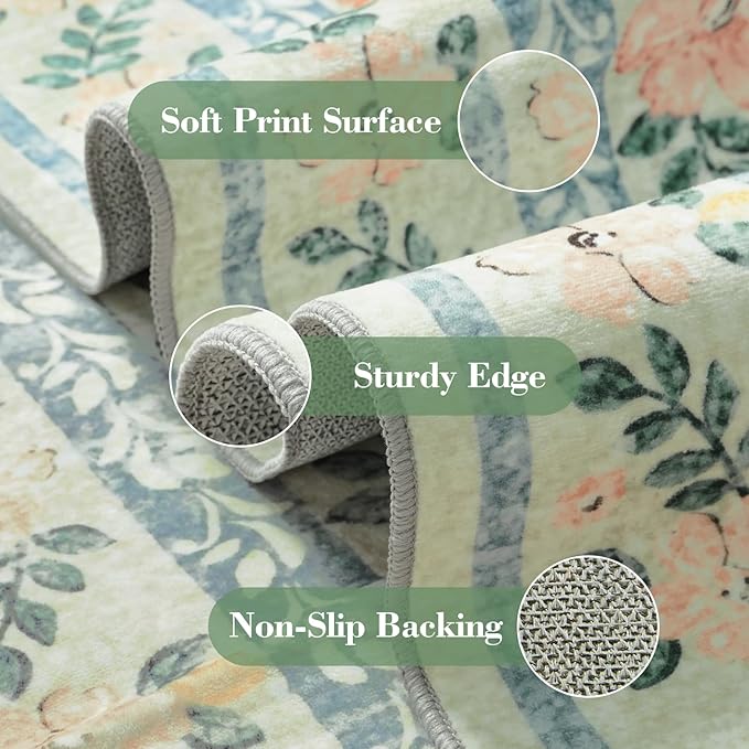 Wonnitar Boho Washable Rugs 8x10, Large Floral Rugs for Bedroom, 8 x 10 Soft Green Living Room Carpet, Non Slip Ultra-Thin Carpet for Kids Playroom Dorm Dining Room