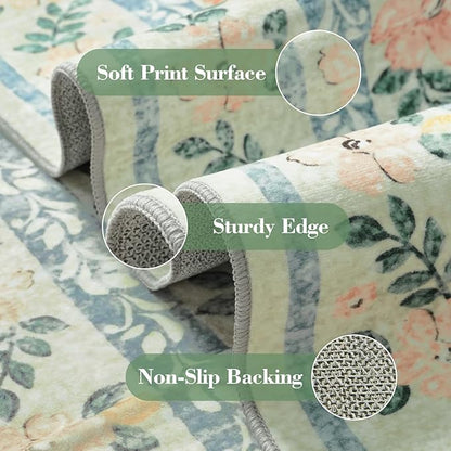 Wonnitar Machine Washable 5x7 Area Rug, Boho Floral Rugs for Living Room Non-Slip, Soft Pink and Green Flower Ultra-Thin Non Shedding Carpet for Bedroom Dining Room Nursery