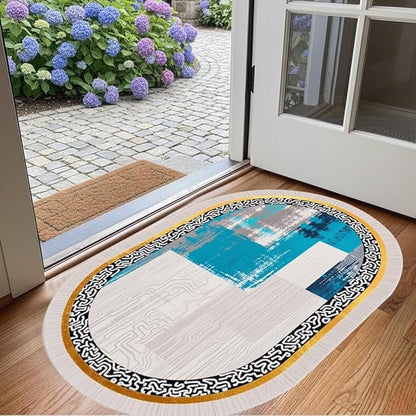 Vintage Luxury Grey Blue Gold Abstract Geometric Texture Oval Area Rug 3x5 for Living Room Bedroom Dining Room Minimalist Bordered Large Rugs Nursery Dorm Kitchen Entryway Soft Non Skid Floor Carpet