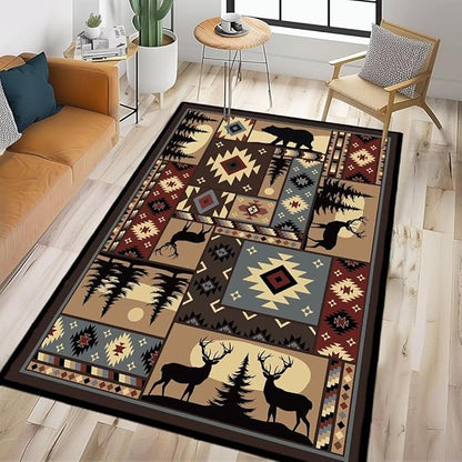 Rustic Cabin Wildlife Area Carpet for Living Room 4x6 Area Rug for Bedroom,Buffalo Plaid Bear Moose Deer Country,Vintage Throw Rug Indoor Rugs Non Slip Soft Floor Carpets Mat for Dining Room,Office