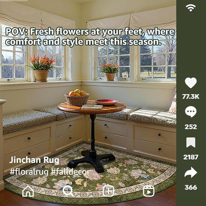 jinchan Elora Floral Corner Rug for Living Room Washable Bedroom Rug Vintage Romance Design Non Slip Quarter Circle Lightweight Low-Pile Throw Carpet for Reading Nook Playroom,8ft Radius, Green