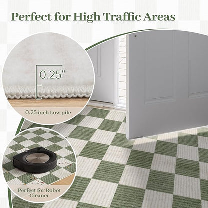 LIVEBOX 4x6 Washable Area Rug Checkered, Non-Slip Small Entryway Rug Green Farmhouse Neutral Classic Geometric Boys Rug for Bedroom Living Room Low-Pile Carpet for Indoor Kitchen(Sage Green 4'x6')