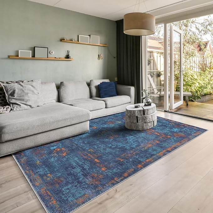 GLN Rugs Contemporary Collection - Machine Washable Area Rug, Contemporary Washable, Non Slip, Low Pile Chenille Rug, Living Room, Bedroom, Kitchen Rug (5' x 7' Midnight/Multi)
