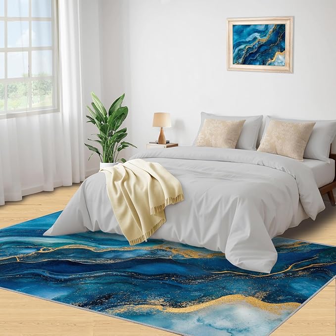 Blue Gold Marble Rugs for Bedroom - 3x5 Area Rug - Modern Fashion Marble Rugs for Living Room, European Light Luxury Art Rug, Washable Home Decor Carpet