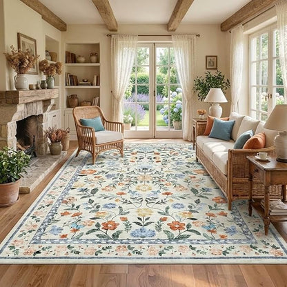 8x10 Washable Floral Distressed Rug, Vintage Farmhouse Area Rug for Living Room, Non-Slip Low Pile Soft Carpet for Nursery Bedroom Dining Room Home Office, Green