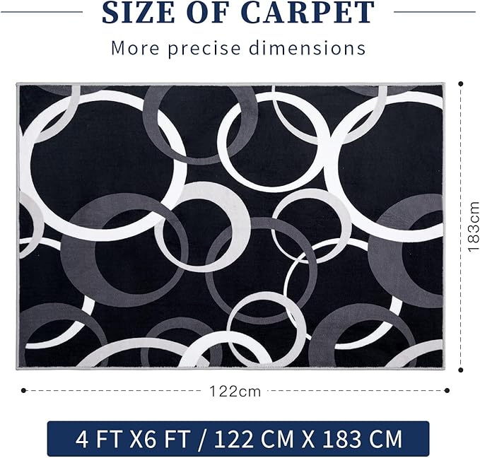 YIHOUSE 4x6 Ft Area Rugs, Concentric Circle Washable Rug, Black and White Geometric Design Rug for Small Living Room, Bedroom, Laundry Room, Entryway, Indoor Home Decor, Nonslip Non-Shedding