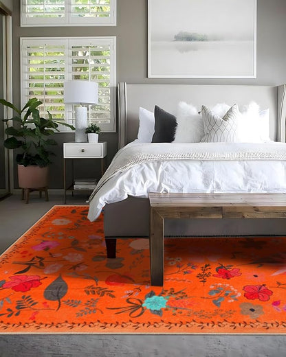 Area Rug 9x12, Washable Large Rugs for Living Room, Non Slip 0.27" Low Pile Vintage Floral Large Carpet for Bedroom, Dining Room, Kids Playroom (Orange)