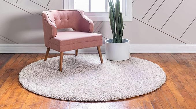 Unique Loom Davos Shag Collection Area Rug - Solid (7' 10" Round, Linen)