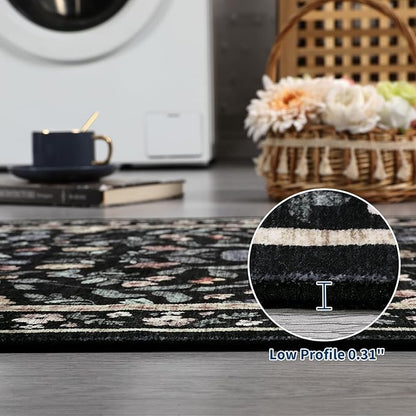 GarveeHome Washable Area Rug 9 x 12 for Living Room, Non-Slip Soft Vintage Rug, Low Pile Farmhouse Floral Carpet, Non-Shedding Indoor Foldable Printed Rugs for Bedroom, Black