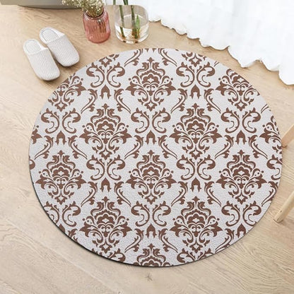 Oriental Tribal Floral Round Rug Vintage Brown Pattern Area Rug Washable Soft Non-Slip Floor Carpet Low Pile Accent Rugs for Entryway Living Room Dining Room Bedroom Home Office 7ft