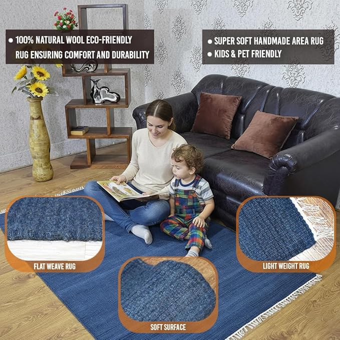 Rugsotic Carpets Hand Woven Flat Weave Kilim Wool ECO-Friendly Area Rugs - 9'x12', Rectangle Shape, Blue Color, Solid Plain Design, Low Pile Handmade Area Rugs for Living Room, Bed Room (D00111)