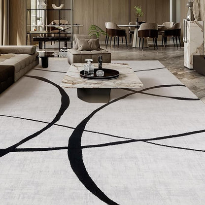 YIHOUSE Curve 9x12ft Modern Washable Area Rug for Living Room Bedroom - Large Abstract Black and White Rug Non-Slip Ultra-Thin Home Decor