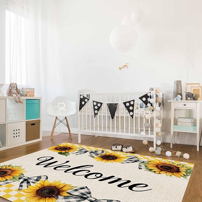 Summer Sunflowers Rectangular Welcome Area Rugs for Living Room Bedroom 5 x 6.9 ft Bow Tie Plaids Non-Shedding Soft Low Pile Rug Rustic Linen Non Slip Washable Rug for Nursery Entryway Playroom