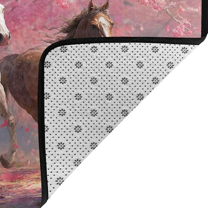 Galloping Horse Cherry Blossom Area Rug Washable Outdoor Rugs Anti-Slip Soft Carpet Entryway Indoor Door Mat for Bedroom,Living Room,Porch,Terrace and Entrance Decor 3'x 2'
